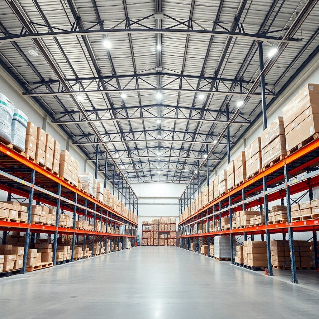 Moderne, ruime magazijnhal met hoge plafonds en overzichtelijke stellingen